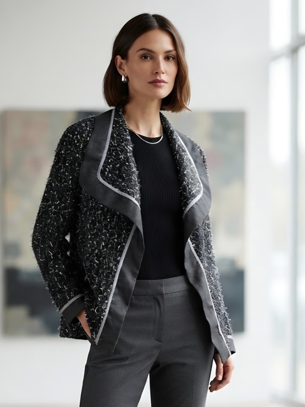 Dolcezza Textured Open-Front Black & Gray BouclΓ© Jacket Size XL